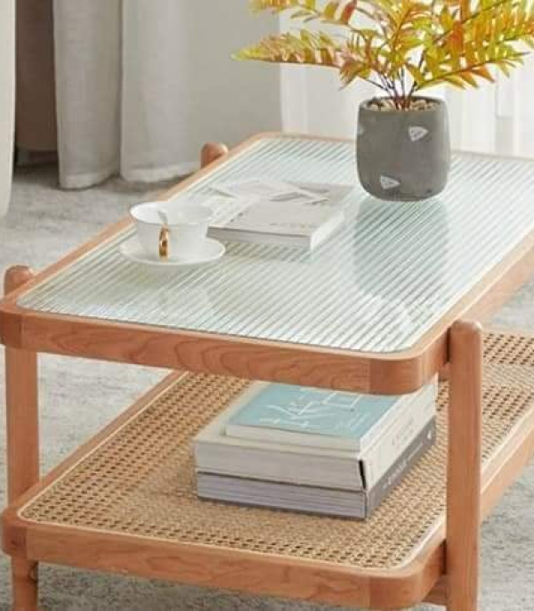 Bàn trà mây gỗ sồi kính